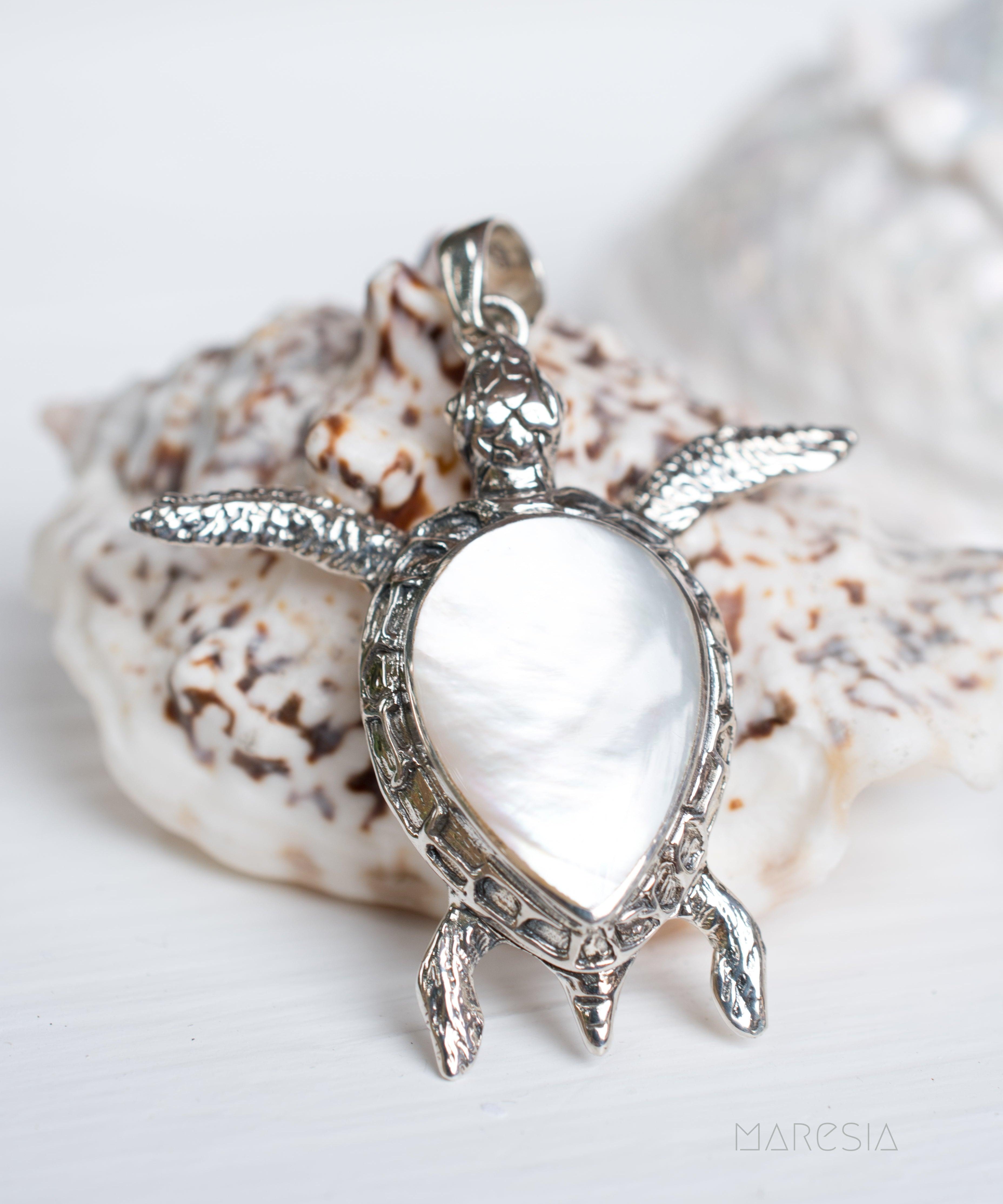 Turtle Large Pendant ~ Mother of Pearl or Coral ~ Sterling Silver 925 ~SMP027 - Maresia Jewelry