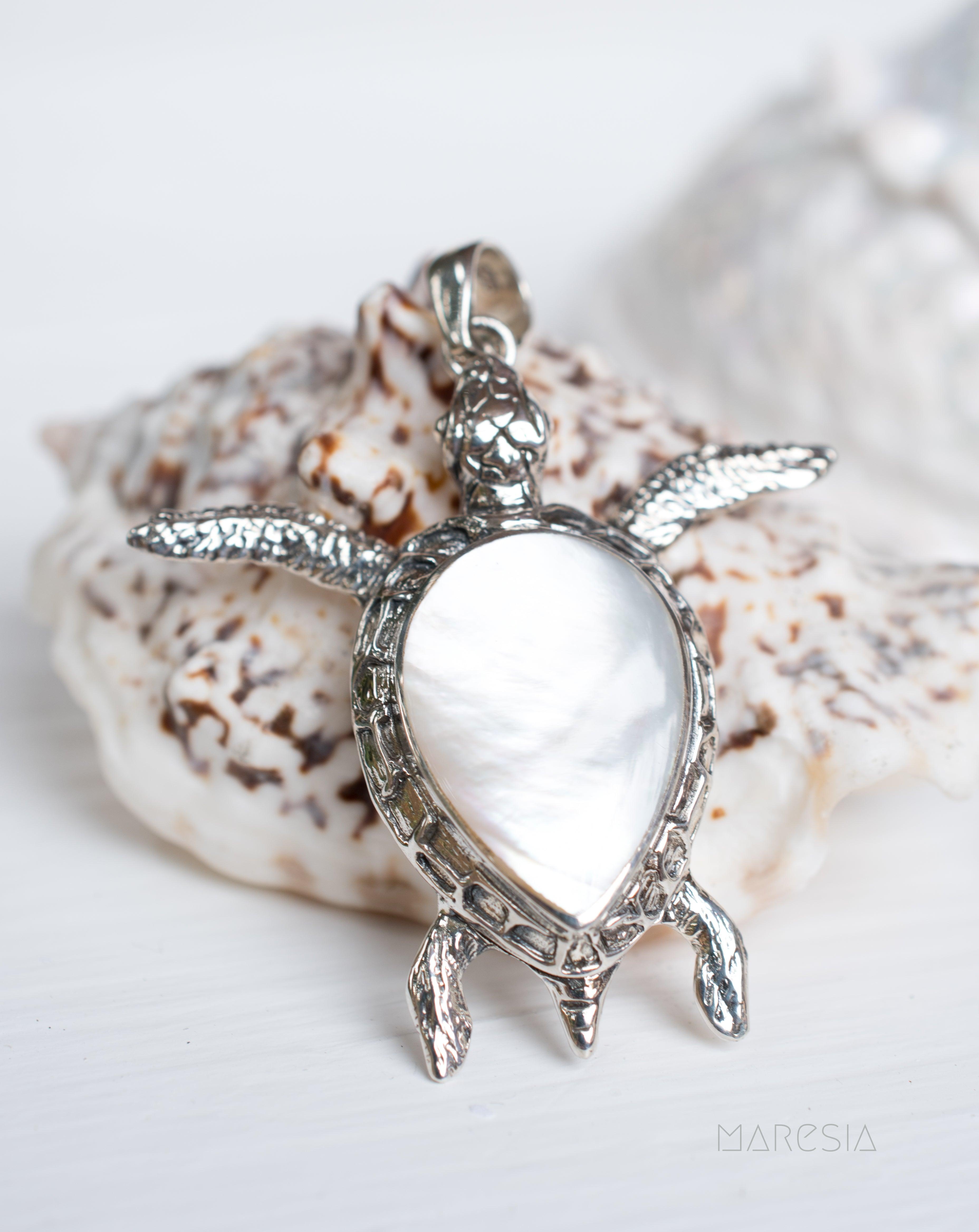 Turtle Large Pendant ~ Mother of Pearl or Coral ~ Sterling Silver 925 ~SMP027 - Maresia Jewelry
