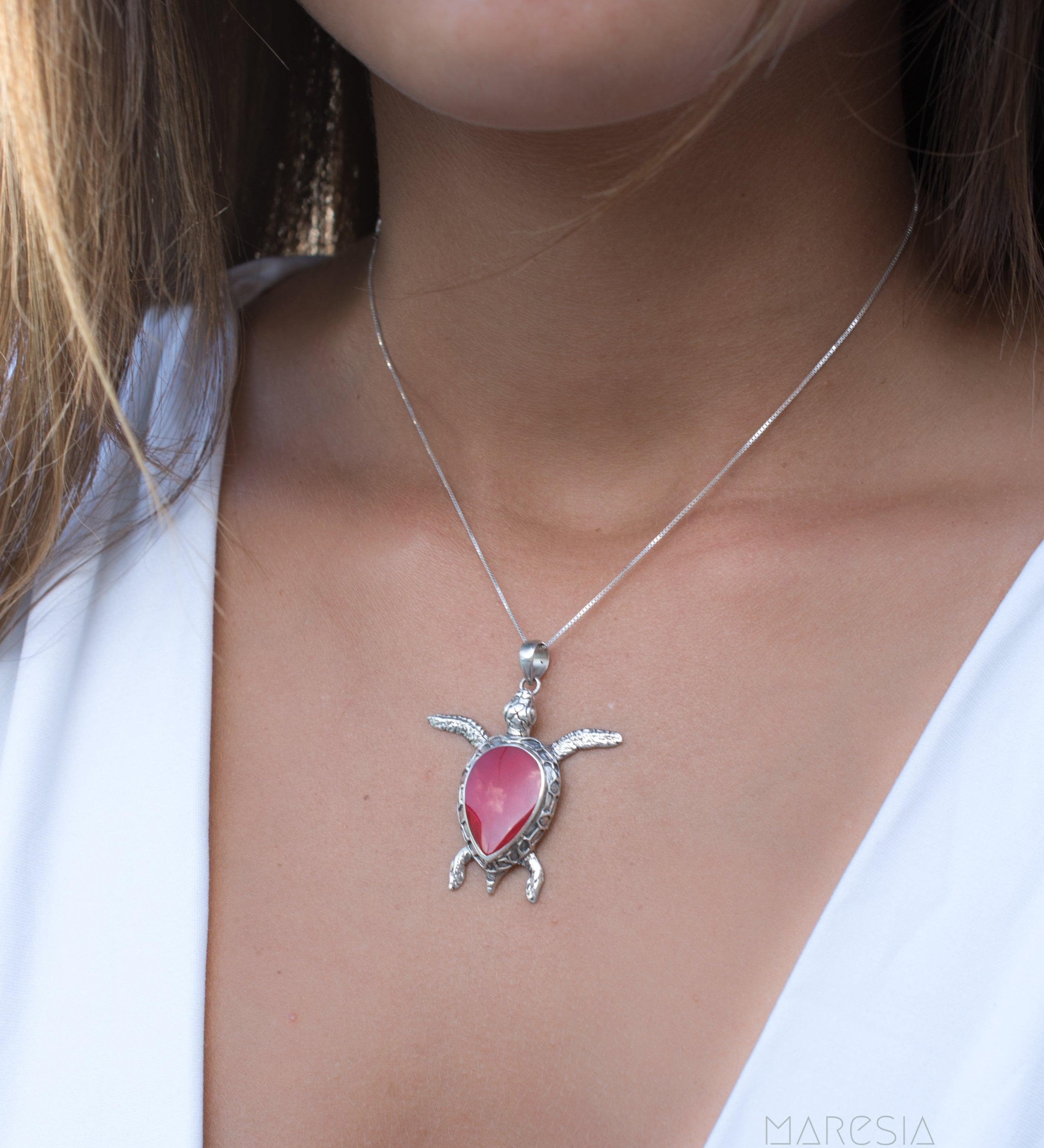 Turtle Large Pendant ~ Mother of Pearl or Coral ~ Sterling Silver 925 ~SMP027 - Maresia Jewelry