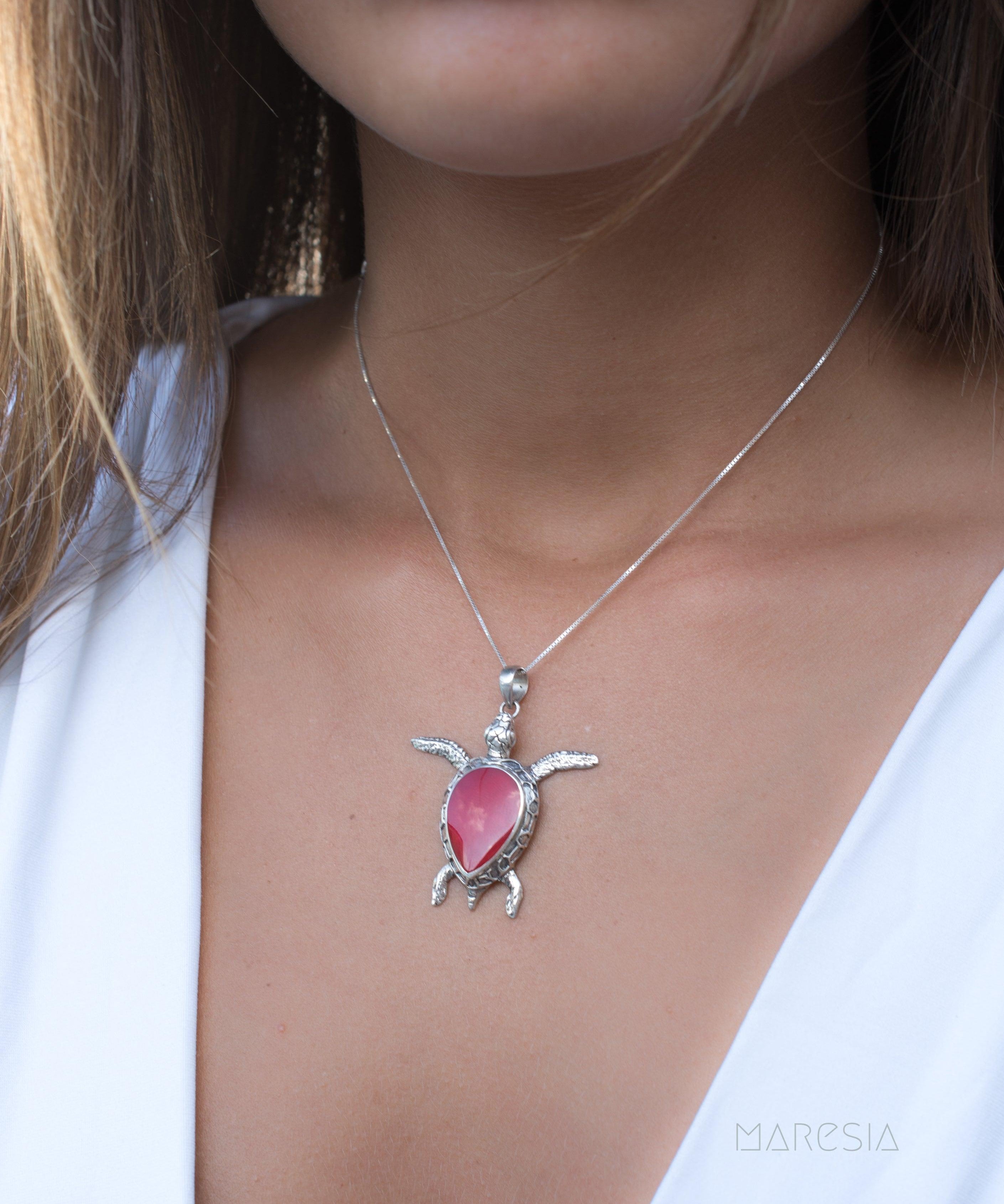 Turtle Large Pendant ~ Mother of Pearl or Coral ~ Sterling Silver 925 ~SMP027 - Maresia Jewelry
