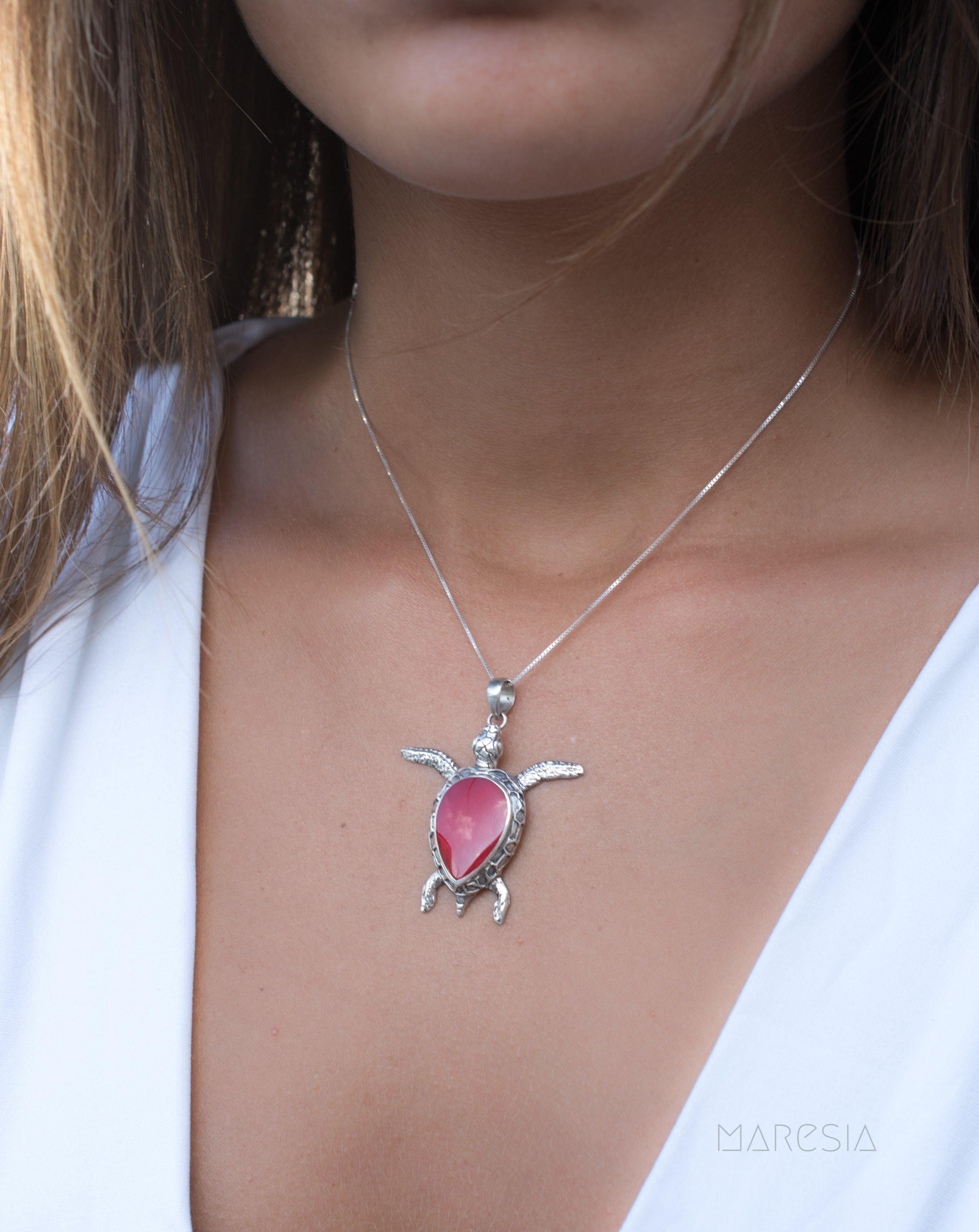 Turtle Large Pendant ~ Mother of Pearl or Coral ~ Sterling Silver 925 ~SMP027 - Maresia Jewelry