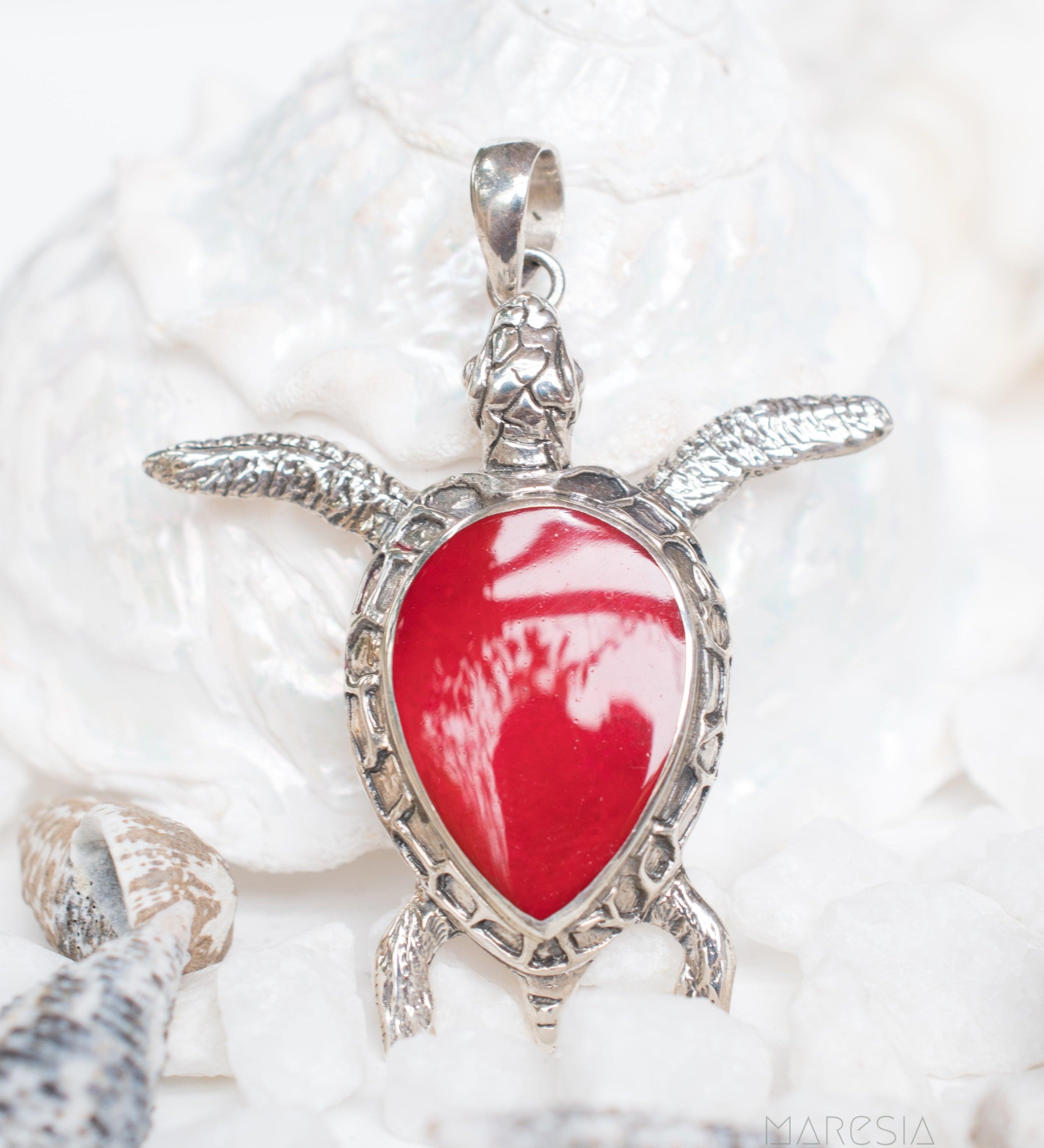 Turtle Large Pendant ~ Mother of Pearl or Coral ~ Sterling Silver 925 ~SMP027 - Maresia Jewelry