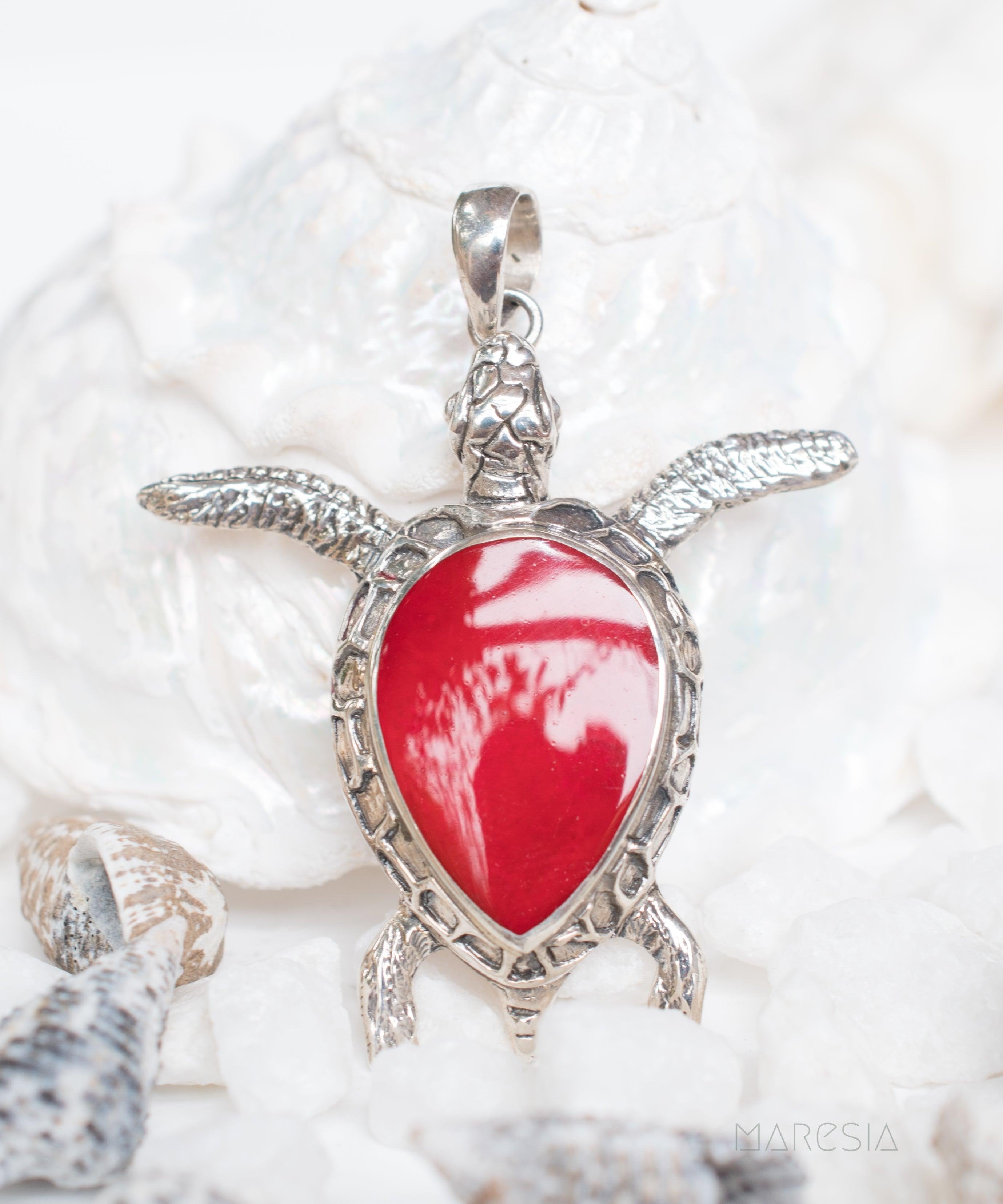 Turtle Large Pendant ~ Mother of Pearl or Coral ~ Sterling Silver 925 ~SMP027 - Maresia Jewelry