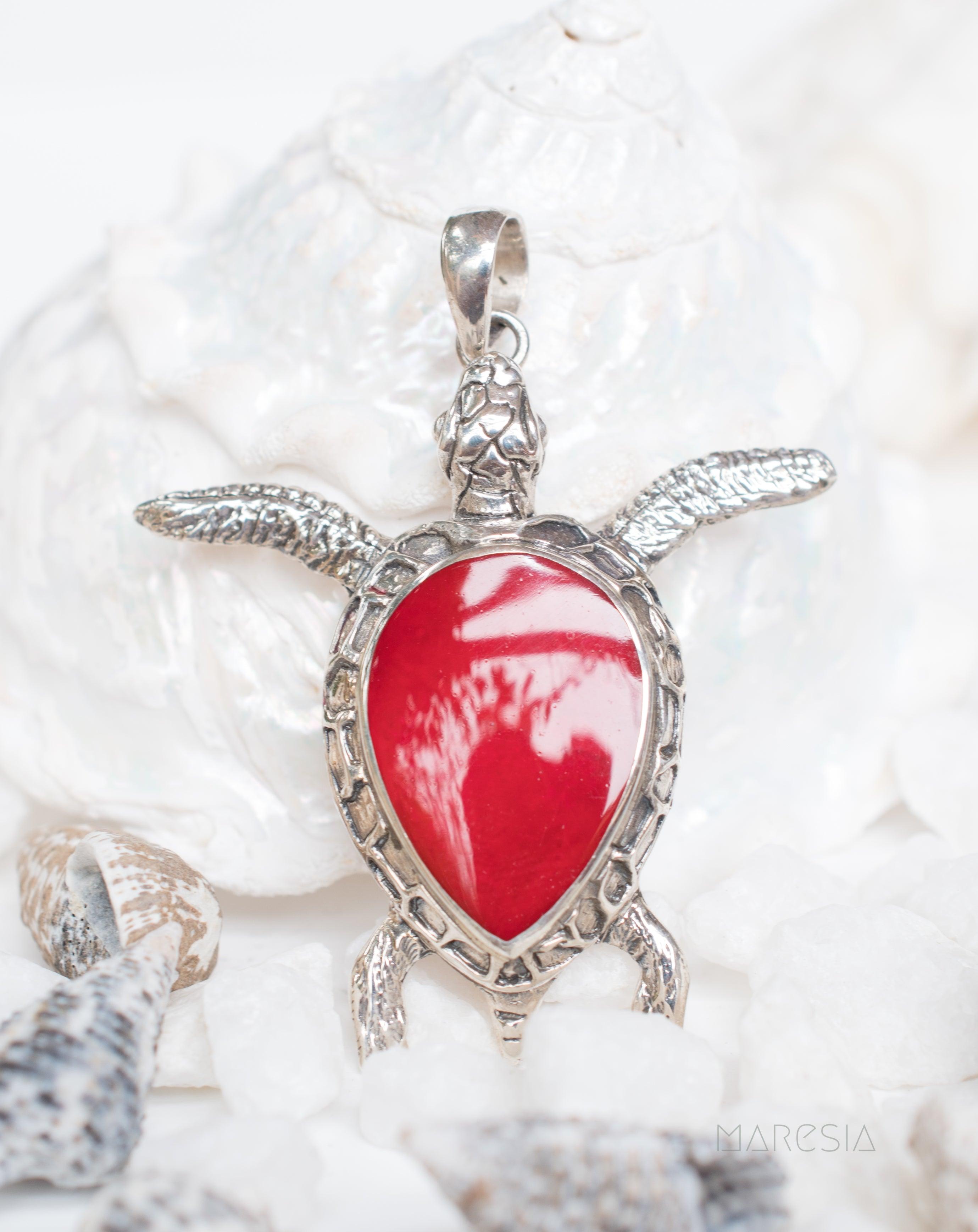 Turtle Large Pendant ~ Mother of Pearl or Coral ~ Sterling Silver 925 ~SMP027 - Maresia Jewelry