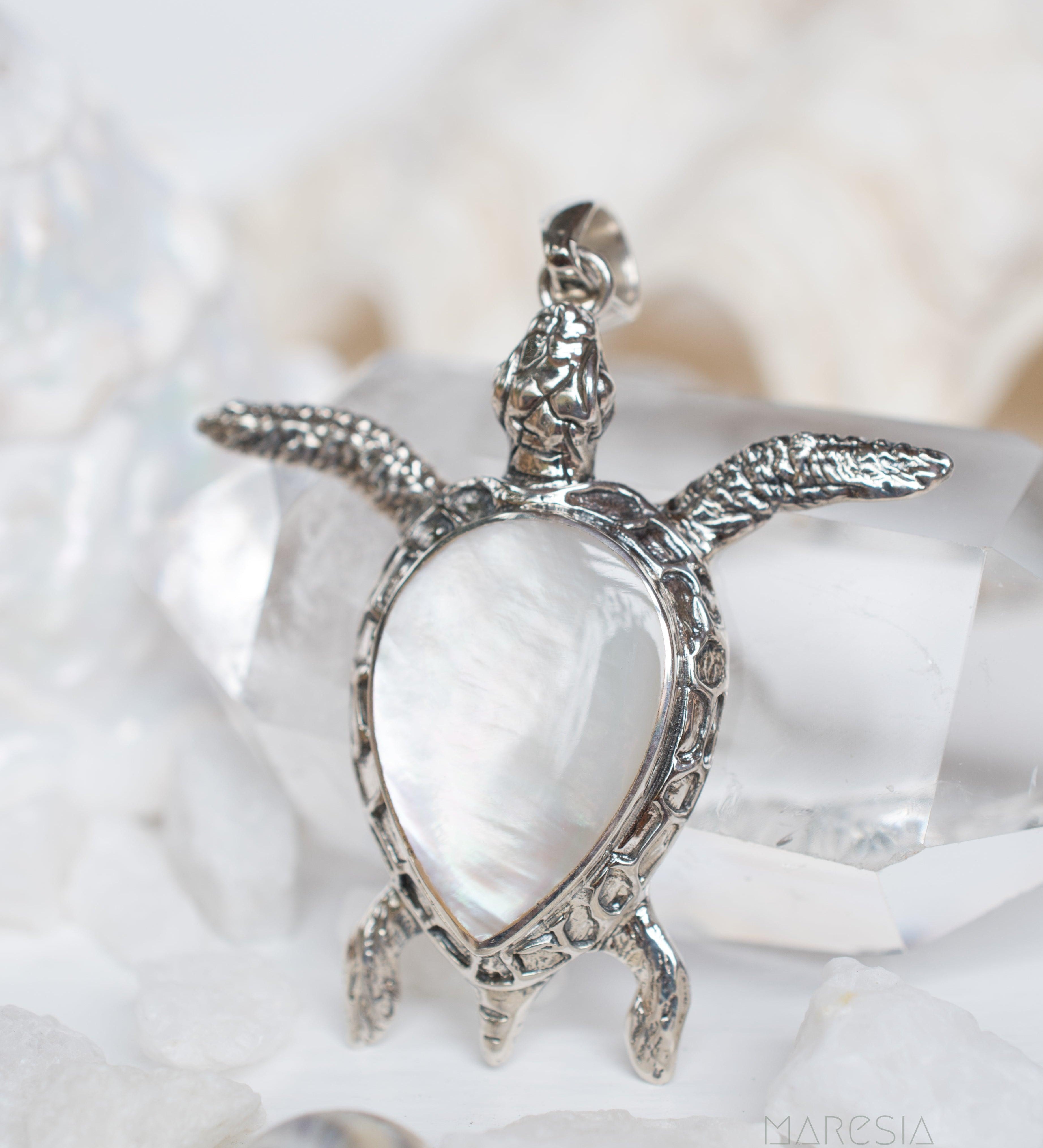 Turtle Large Pendant ~ Mother of Pearl or Coral ~ Sterling Silver 925 ~SMP027 - Maresia Jewelry