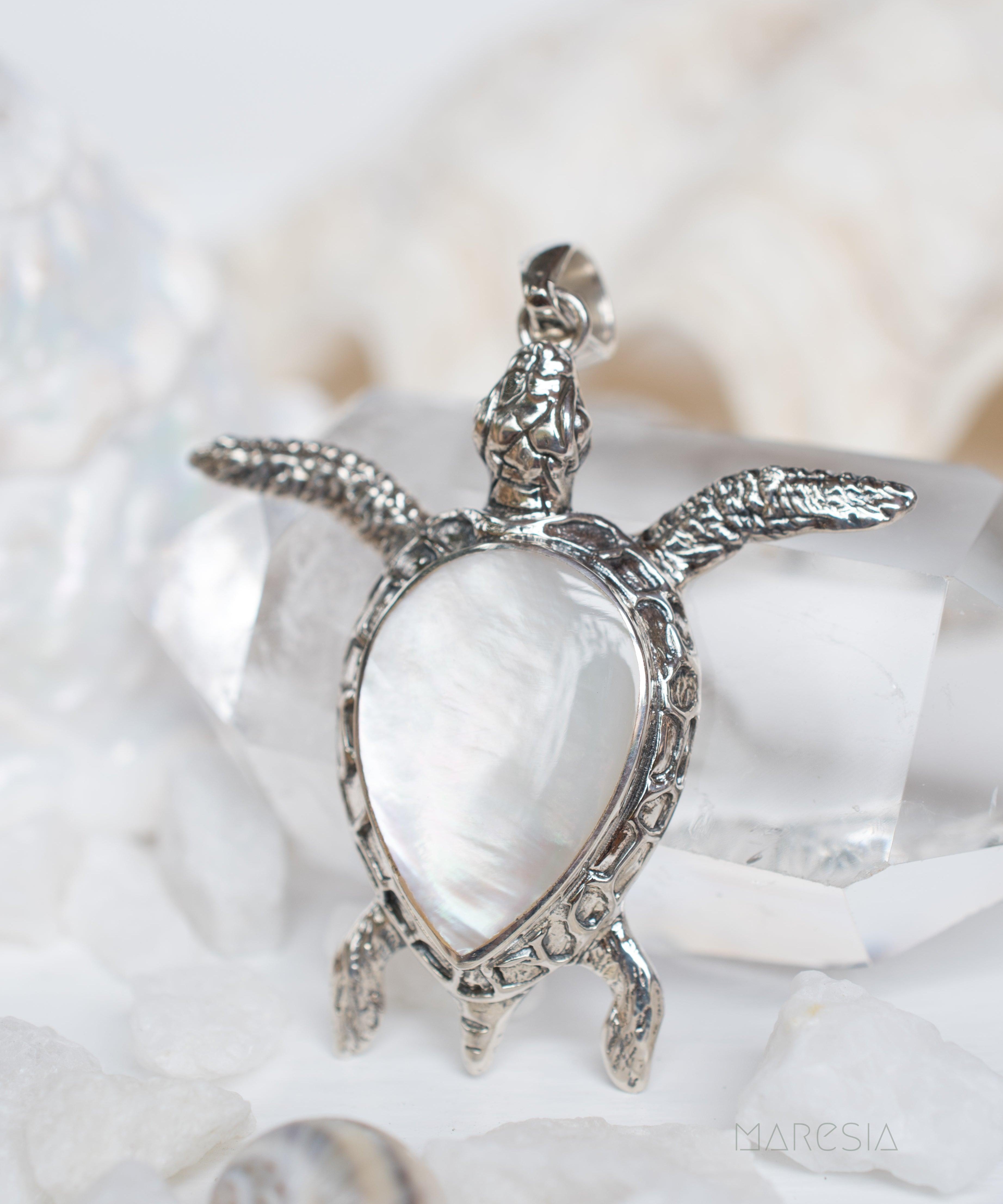 Turtle Large Pendant ~ Mother of Pearl or Coral ~ Sterling Silver 925 ~SMP027 - Maresia Jewelry