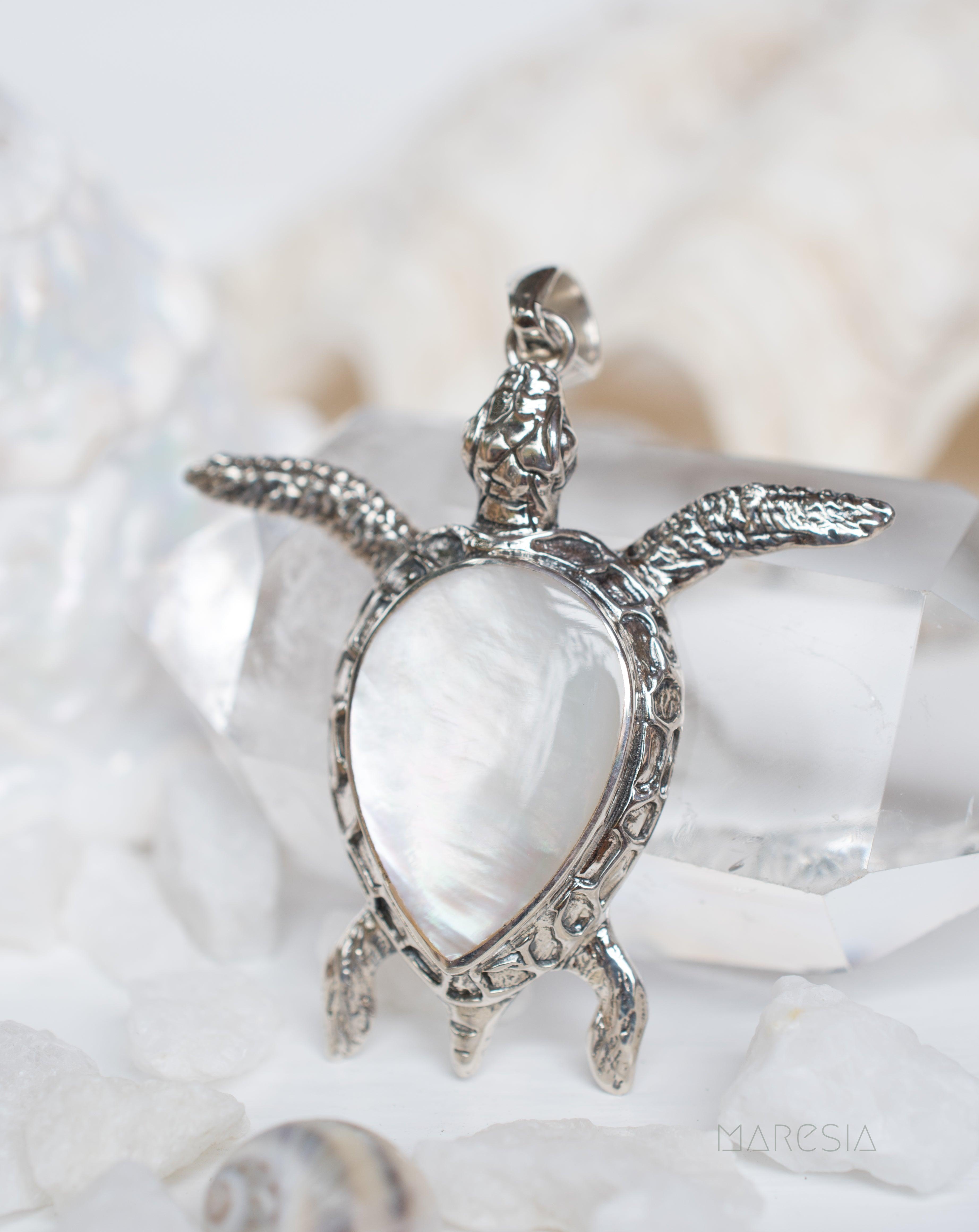 Turtle Large Pendant ~ Mother of Pearl or Coral ~ Sterling Silver 925 ~SMP027 - Maresia Jewelry