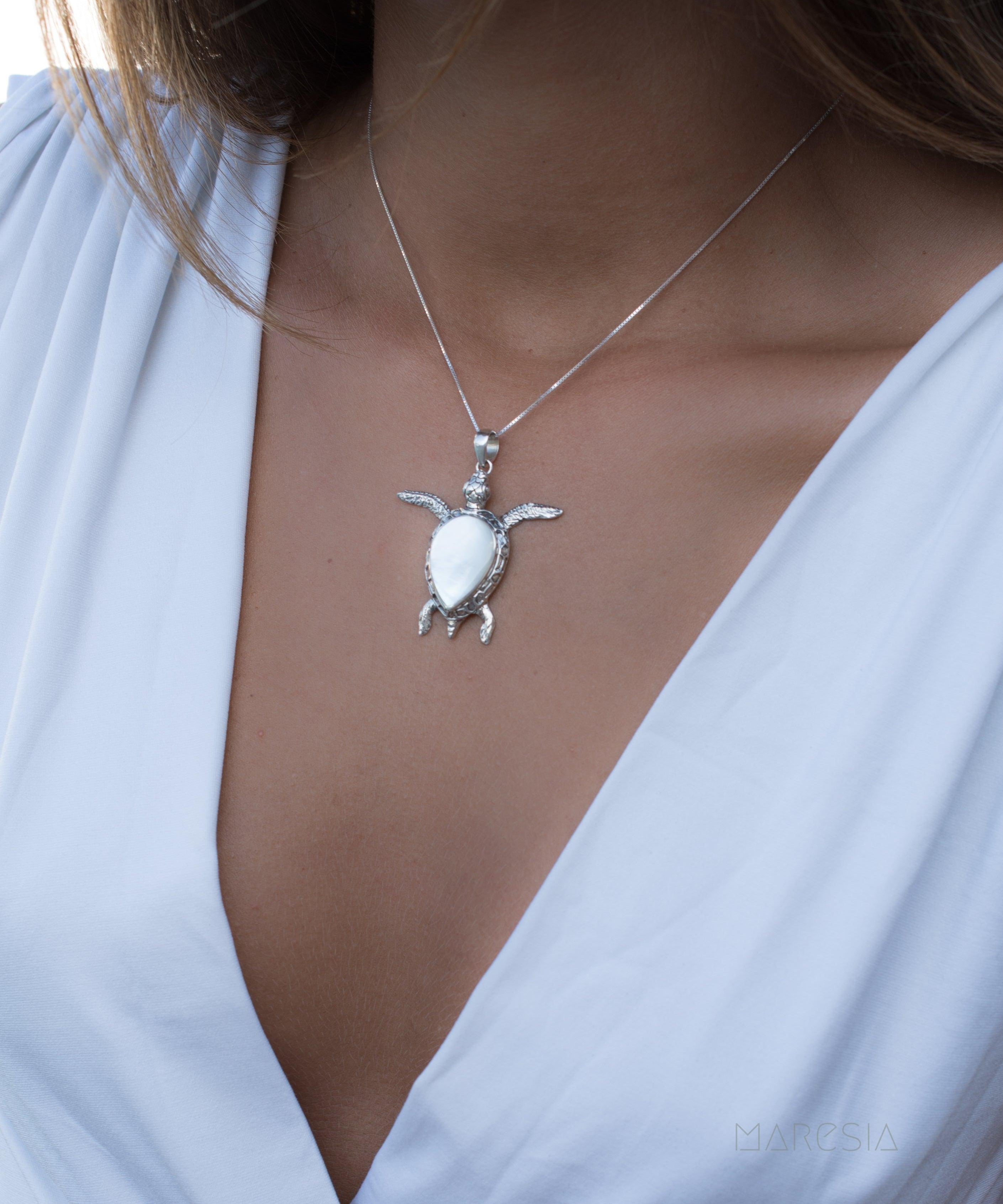 Turtle Large Pendant ~ Mother of Pearl or Coral ~ Sterling Silver 925 ~SMP027 - Maresia Jewelry