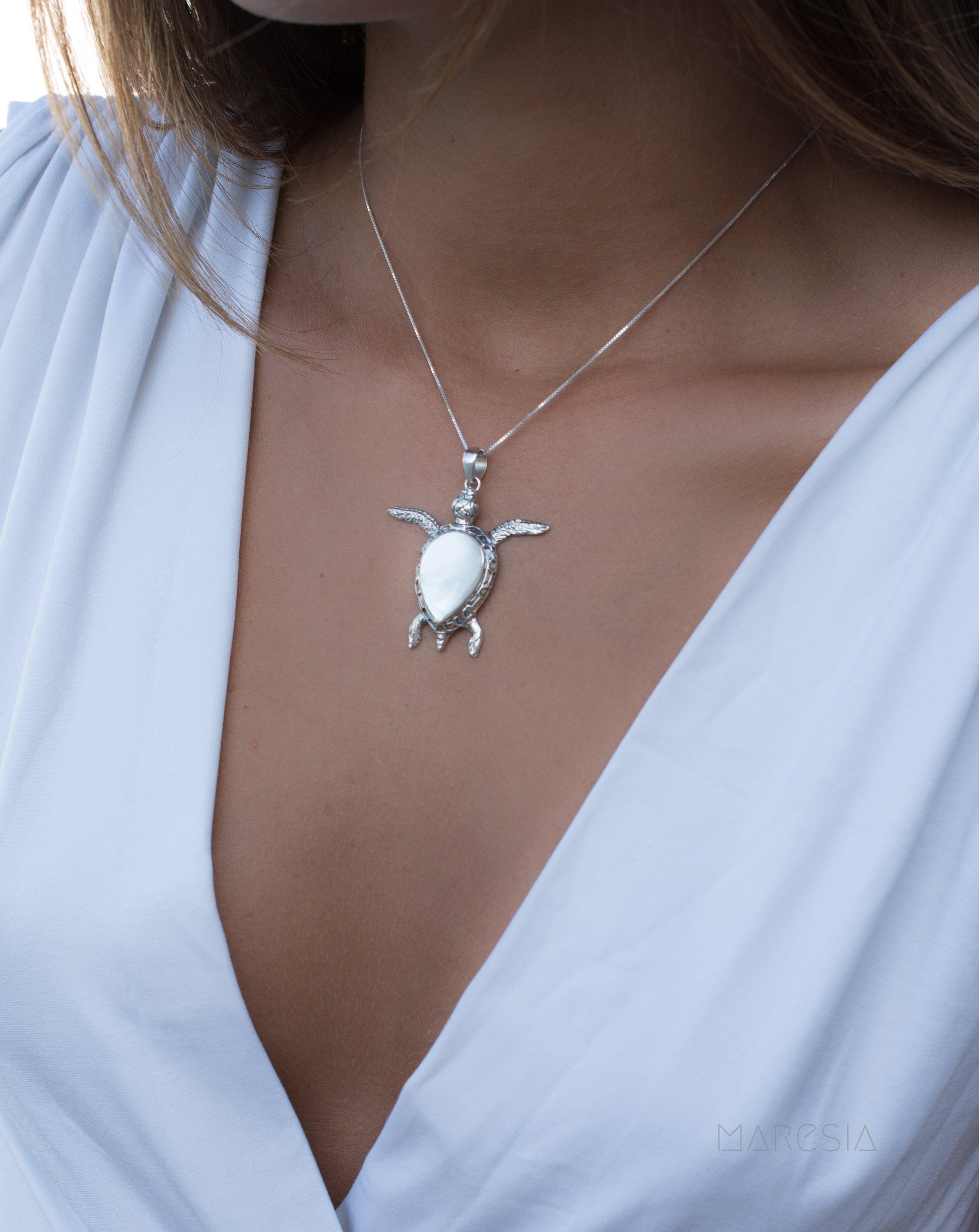 Turtle Large Pendant ~ Mother of Pearl or Coral ~ Sterling Silver 925 ~SMP027 - Maresia Jewelry