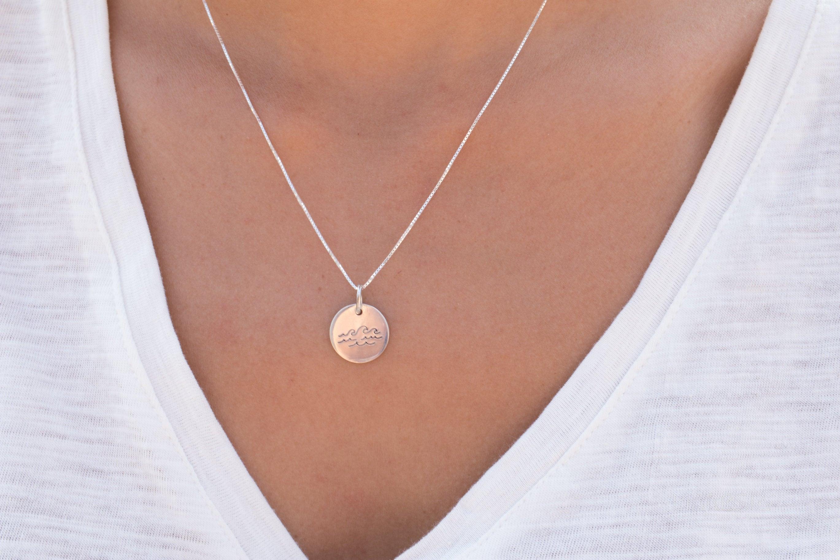 Wave Hand Stamped Disk Pendant ~ Sterling Silver - Maresia Jewelry