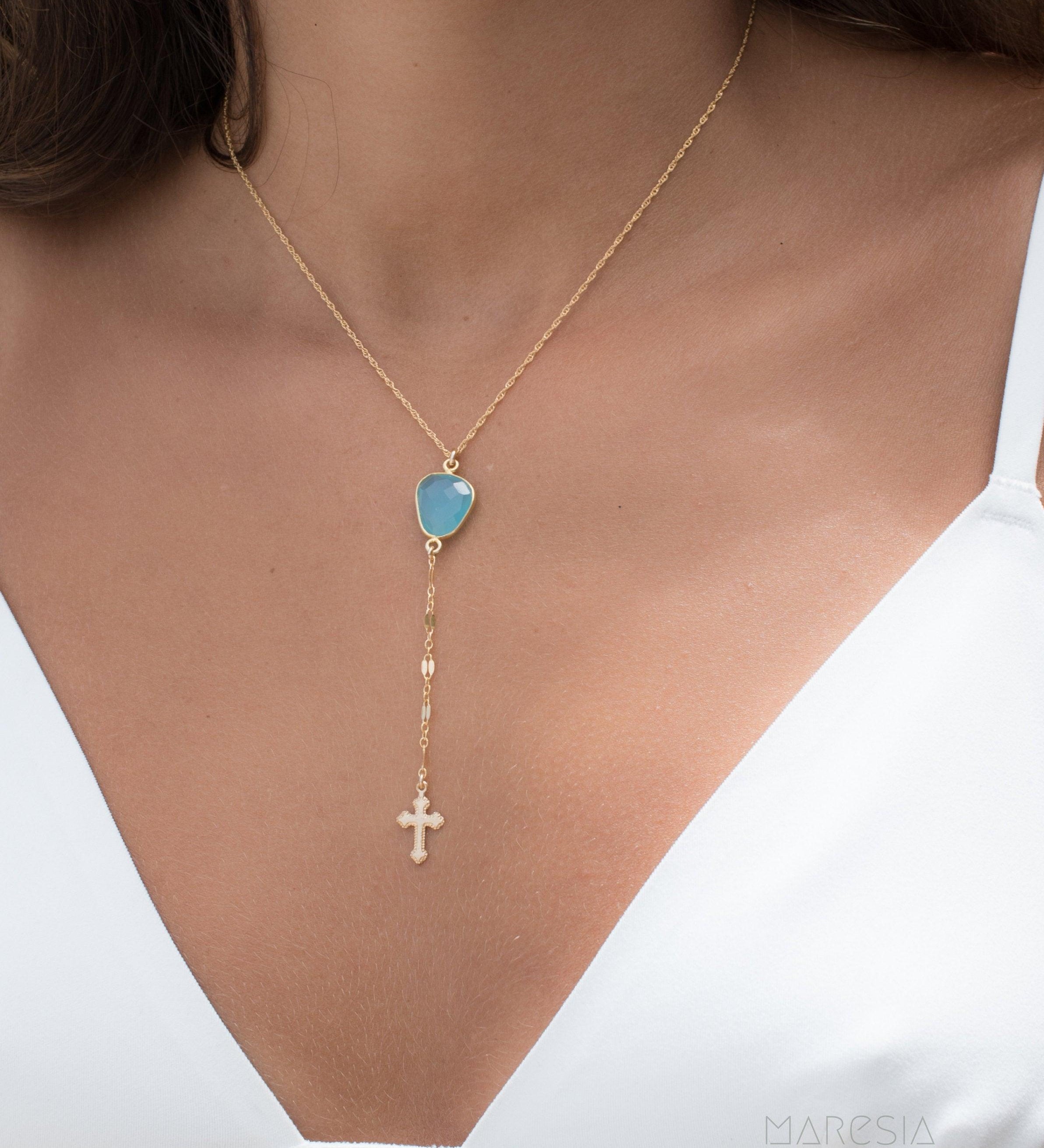 Y necklace Blue Chalcedony Cross ~ Gold Filled ~MN019 - Maresia Jewelry
