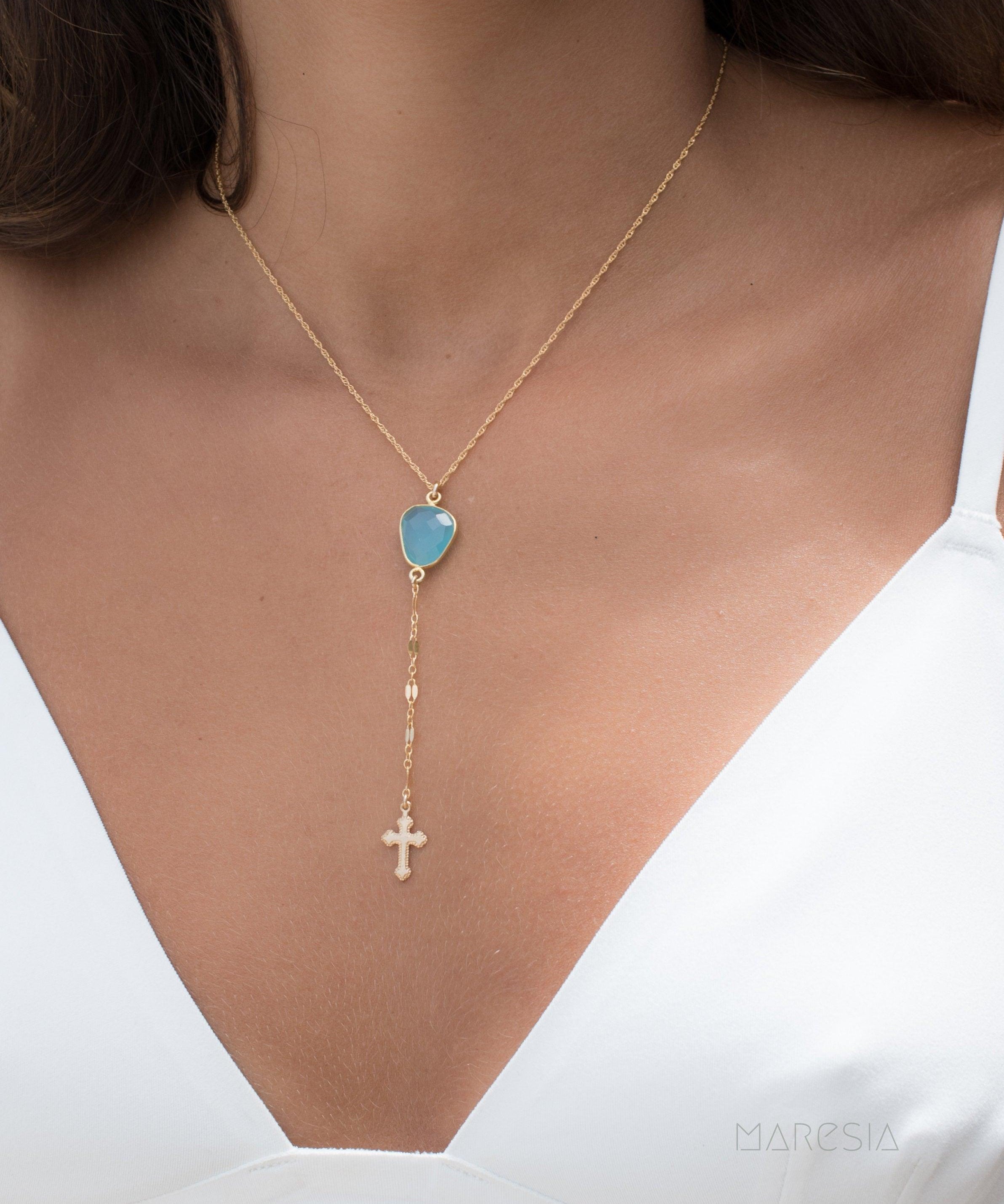 Y necklace Blue Chalcedony Cross ~ Gold Filled ~MN019 - Maresia Jewelry
