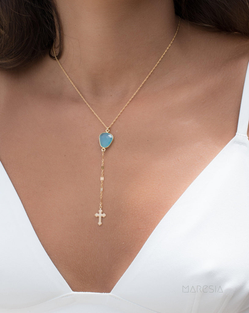 Y necklace Blue Chalcedony Cross ~ Gold Filled ~MN019 - Maresia Jewelry