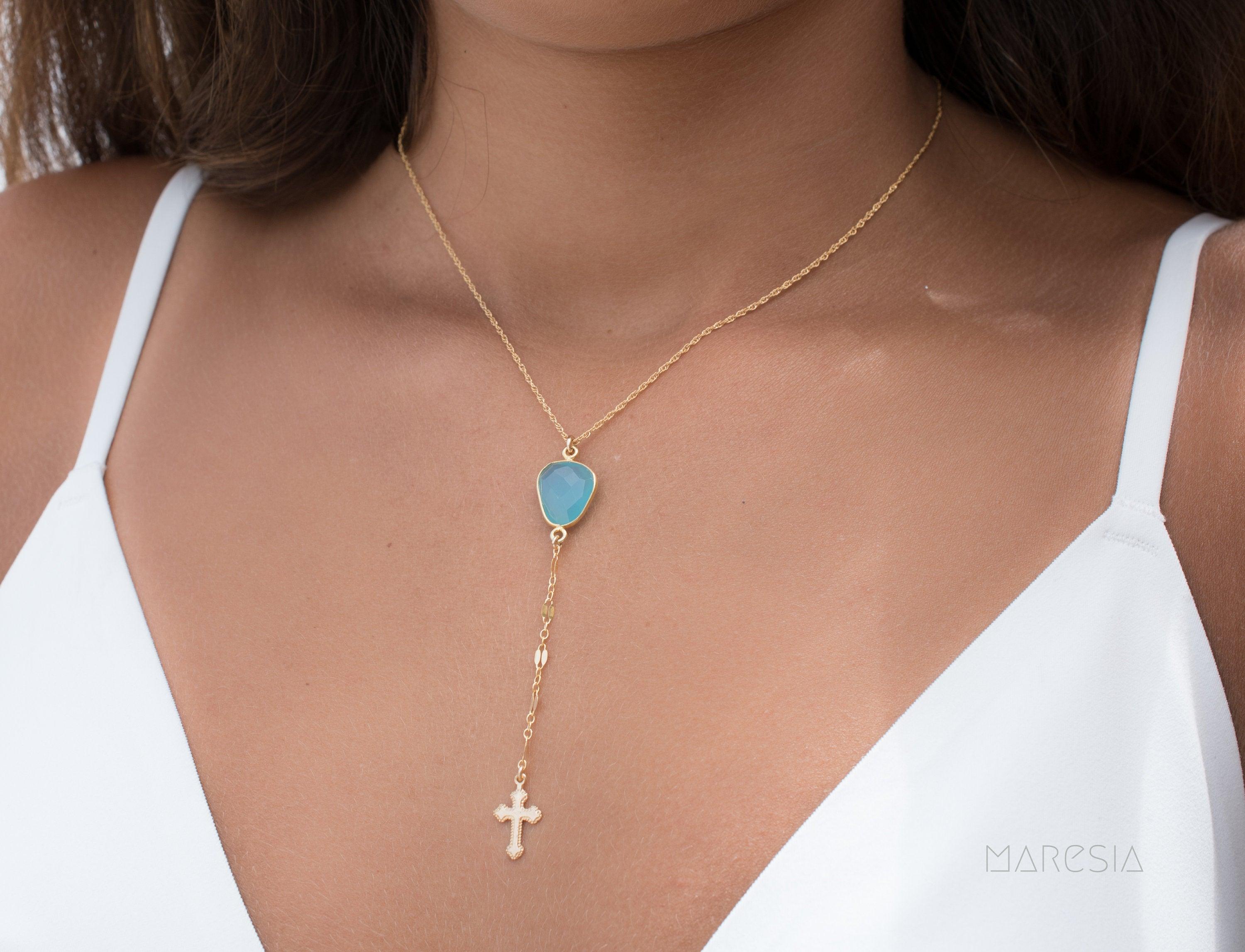 Y necklace Blue Chalcedony Cross ~ Gold Filled ~MN019 - Maresia Jewelry