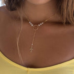 Y necklace Moonstone Cross ~ Gold Filled ~ Dainty Gold Necklace ~ Hammered Circle ~Minimalist ~Delicate ~Layered MN027