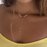 Y necklace Moonstone Cross ~ Gold Filled ~ Dainty Gold Necklace ~ Hammered Circle ~Minimalist ~Delicate ~Layered MN027