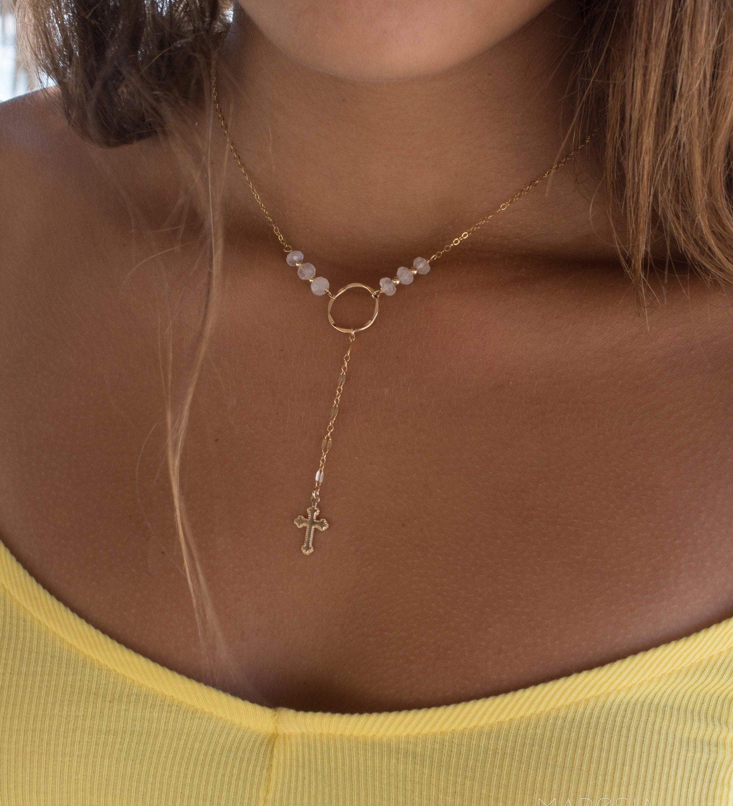 Y necklace Moonstone Cross ~ Gold Filled ~ Dainty Gold Necklace ~ Hammered Circle ~Minimalist ~Delicate ~Layered MN027