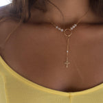 Y necklace Moonstone Cross ~ Gold Filled ~ Dainty Gold Necklace ~ Hammered Circle ~Minimalist ~Delicate ~Layered MN027