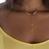 Y necklace Moonstone Cross ~ Gold Filled ~ Dainty Gold Necklace ~ Hammered Circle ~Minimalist ~Delicate ~Layered MN027