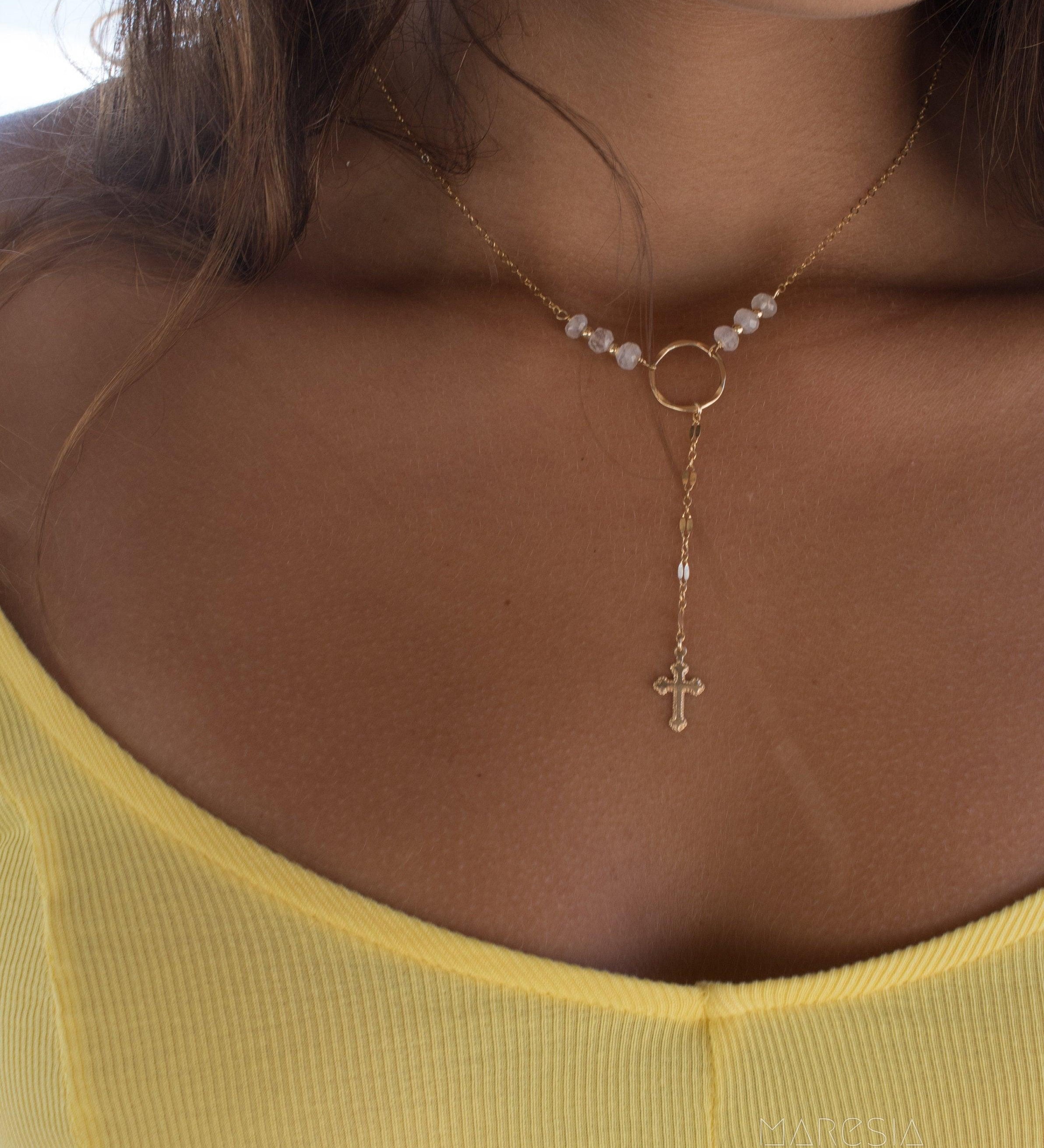 Y necklace Moonstone Cross ~ Gold Filled ~ Dainty Gold Necklace ~ Hammered Circle ~Minimalist ~Delicate ~Layered MN027