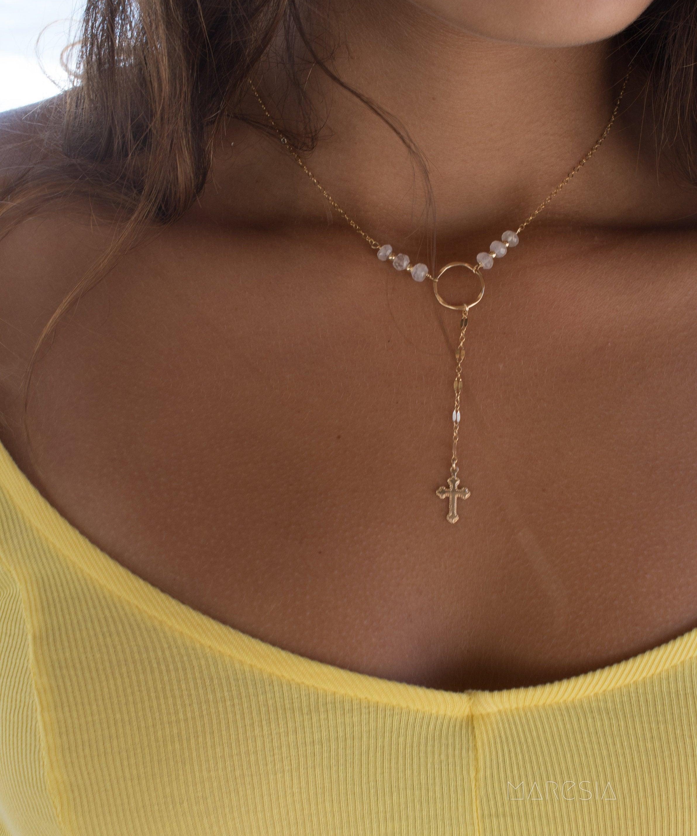 Y necklace Moonstone Cross ~ Gold Filled ~ Dainty Gold Necklace ~ Hammered Circle ~Minimalist ~Delicate ~Layered MN027