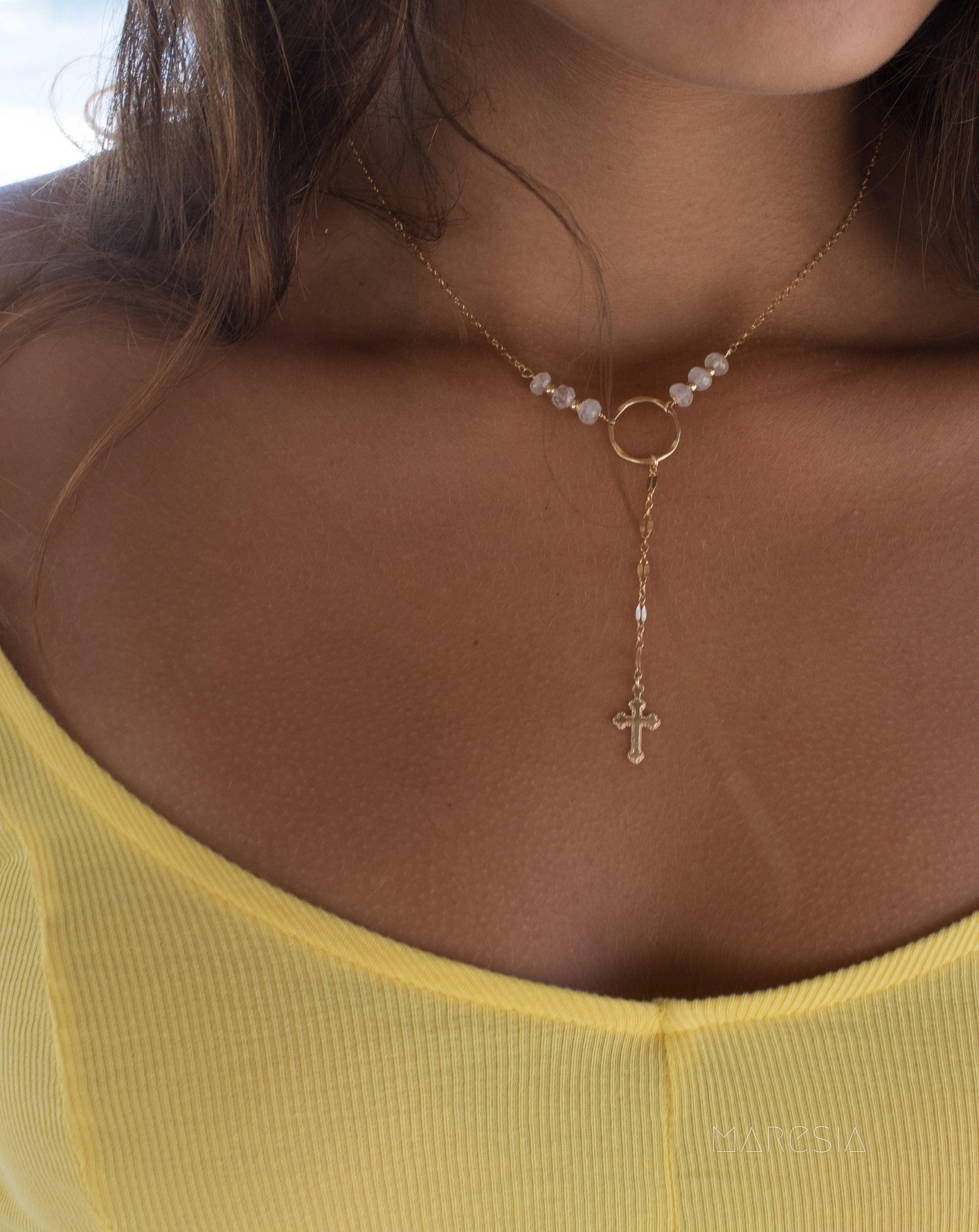 Y necklace Moonstone Cross ~ Gold Filled ~ Dainty Gold Necklace ~ Hammered Circle ~Minimalist ~Delicate ~Layered MN027